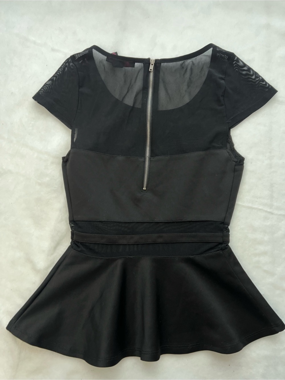 Material Girl Black Mesh Peplum Top Size XS Y2K Goth Sheer Zip Back